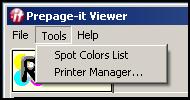 Figure 30 PrePage-it menus The Tools menu items are explained in detail in the sections 3.4 Spot Colors List (starting on p.78) and 3.5 Printer Manager (starting on p.80).