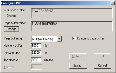 The Configure RIP dialog box allows you to set parameters such as workspace/page buffer folders, buffering modes/amounts, RIP memory usage, and also lets you add or remove RIP extras (plug-ins,
