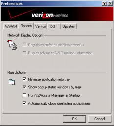 VZAccess Manager Settings VZAccess Manager from Verizon Wireless Options Tab On the VZAccess Manager Home screen, select Tools Preferences Options tab.