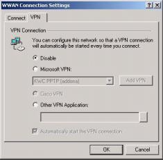 VZAccess Manager Settings VZAccess Manager from Verizon Wireless VPN Tab The following options exist on the VPN tab (Tools Preferences WWAN tab Set Options VPN tab): Disable: When you connect to a