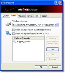 VZAccess Manager Settings VZAccess Manager from Verizon Wireless Select Tools Preferences Wi-Fi tab.