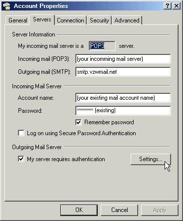 Venturi Compression Software Settings in other Applications 3. Select the Servers tab. In the Outgoing mail (SMTP): field enter smtp.vzwmail.net.