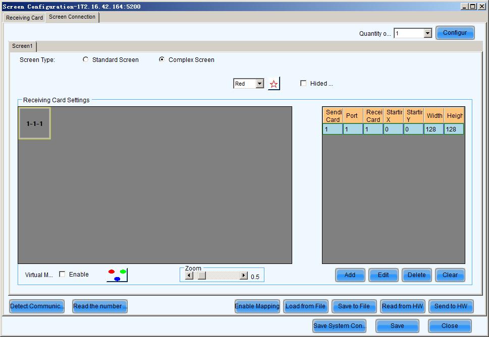 Figure 5-15 Complex screen configuration page Add Click Add to access the window for receiving cards information setting, such as Ethernet output ports, pixel array sizes and so on.