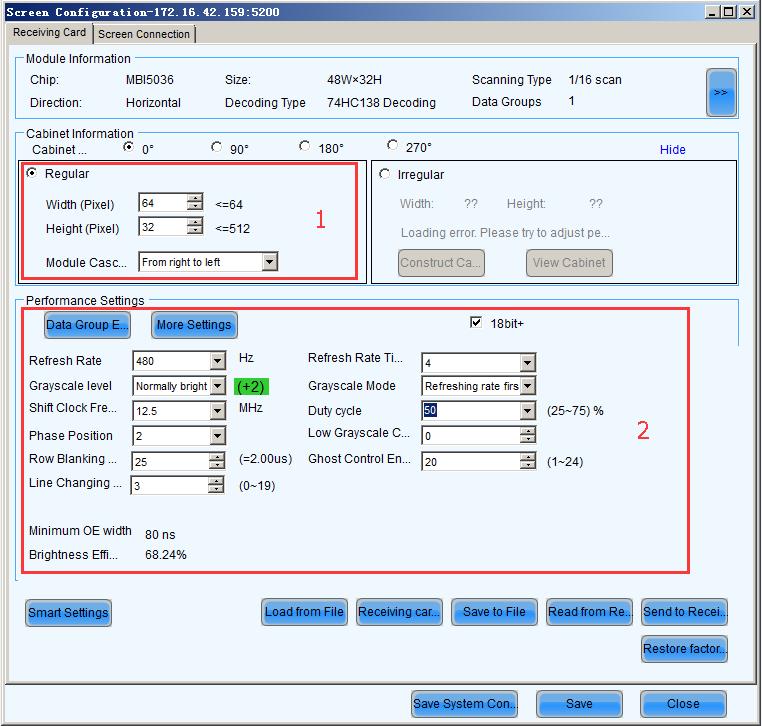 Figure 5-16 Cabinet information settings Note that the Regular panel is for regular cabinets parameters setting and the Irregular panel is for irregular cabinet parameters setting.
