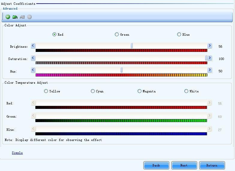 Use the slide bar to adjust the blue brightness of the calibration coefficients.