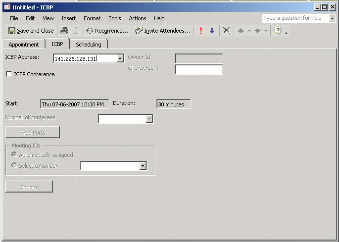 Microsoft Outlook User Interface 57 ICB Professional form Audio-conference details are added to a Microsoft Outlook meeting or appointment using the ICB Professional form.