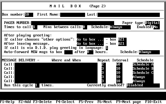 4. Press <Enter> to move the cursor to the PAGER NUMBER field. If the subscriber is to use the Paging feature, use the following information to complete this section of the Mail Box setup screen.