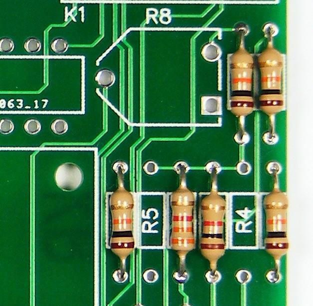 Step 1: Solder the 1KΩ (Brown, Black, Red) resistors into R1.
