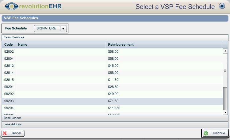 h. Click the look-up icon to associate the Fee Schedule. Select the VSP Fee Schedule from the modal and click 'Continue.' Example i.