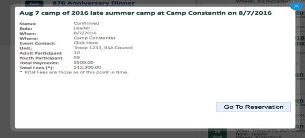 existing Reservation in My Current Reservations Example: Summer Camp Review the event information Click