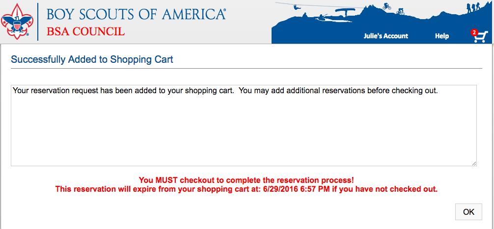 Note the red message that indicates the time the reservation will expire from the shopping cart.