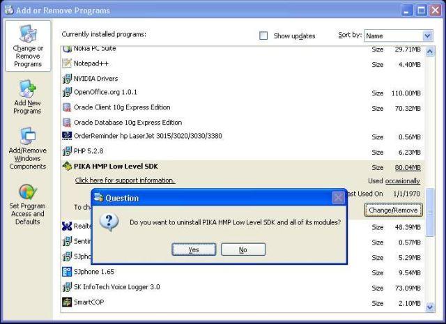 Select PIKA HMP Low Level SDK and click on Remove.
