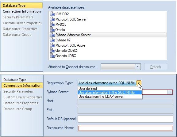Additional improvements include: When using the Sybase JConnect driver, you now provide the sql.ini alias name as opposed to the host and port.