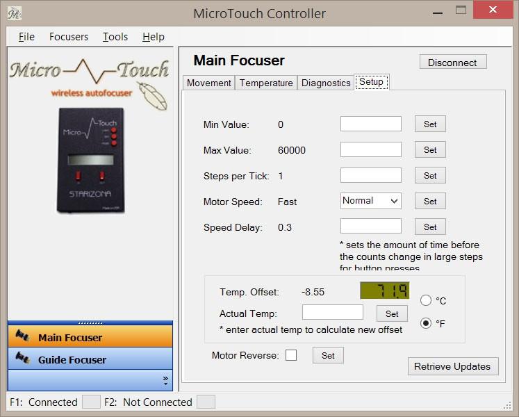 firmware version of the motor controller and may have values for corrupted packets and timeouts. Setup Tab The Setup tab lets you adjust the parameters of the MicroTouch unit.
