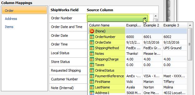 2a. Click on the Column Name that houses your order number data. Notice that the OrderNumber source column is now mapped to the Order Number field in ShipWorks.