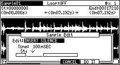 - 111 - INSERT SILENCE The silence of the set time is inserted from a start point. In the case of the above figure, the silence of 100mSEC is inserted from the start point.