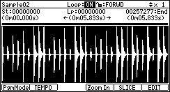 The sample to which TUNE is set sounds by TUNE 00:00. The sample of ON of a loop sounds by Loop OFF.