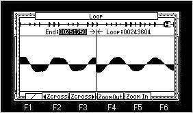- 112-2 - If the [WINDOW] button is pressed when a loop field is ON, the window of "Loop" will open. 1 The whole waveform is displayed. 2 The loop range is shown.