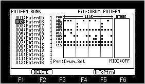 - 48 - PATTERN BANK(Pattern list) If [MODE] + PAD11 is hit, it will become the mode of PATTERN BANK. The list of patterns is displayed.