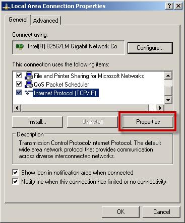 4. In Local Area Network Properties, Select Internet Protocol (TCP/IP),