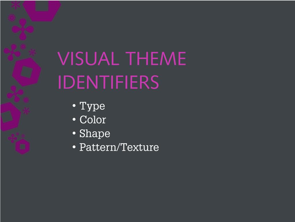 When you are creating a look for the theme, there are a number of different decisions you ll make. There should be a specific font family that is used on all theme pages.