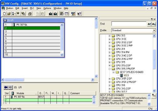 Configuration No. Instruction Screen shot 4. Now navigate to CPU-300 and deeper in the tree to CPU 315-2 PN/DP. Drag the module with version 2.3 (V 2.3) to slot 2. 5.