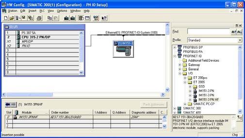 Configuration 4.4 Hardware configuration of an ET 200S As PROFIBUS DP slaves, PROFINET devices are assigned to the network and thus to the controller in the hardware configuration.