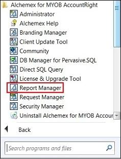 Accessing the Alchemex for MYOB Account Right Reports To access the reports: 1.