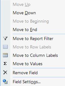 Method 1. From the Field List, drag the field to the desired area OR 1. From the Field List, select the drop down arrow next to the field 2. Select Move Up, Move down etc.