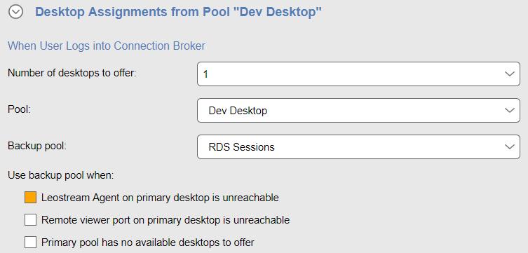 By default, the Connection Broker searches the primary pool for desktops to offer based on the remainder of the settings in the When user logs into Connection Broker section.