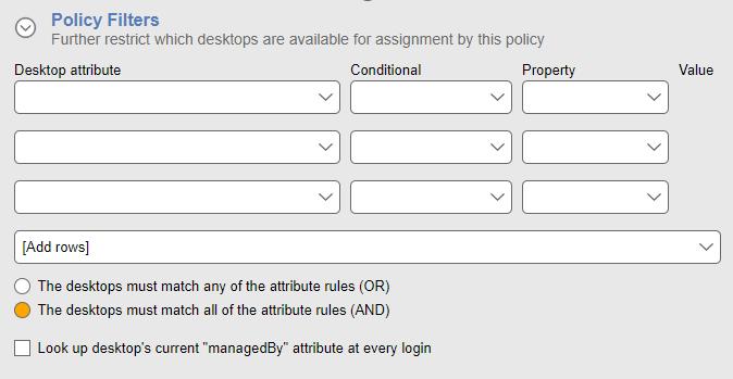 Leostream Connection Broker Administrator s Guide Each row in the Policy Filters section reads as a rule that checks if a desktop in the pool can be assigned by this policy.