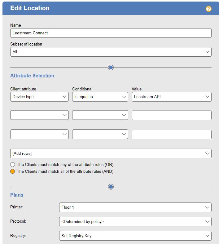 Leostream Connection Broker Administrator s Guide 2. Select the printer plan to associate with this location from the Printer drop-down menu in the Plans section, indicated in the previous figure.