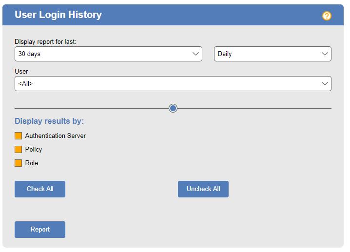 Leostream Connection Broker Administrator s Guide The User Login History form allows you to configure the time period, frequency, and display parameters for the report, as follows. 1.