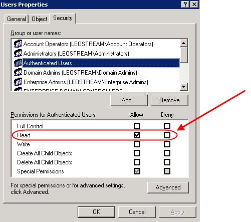 Leostream Connection Broker Administrator s Guide If the user has Read permissions in this list, check the Special Permissions (by clicking the Advanced) button to ensure that the account does not