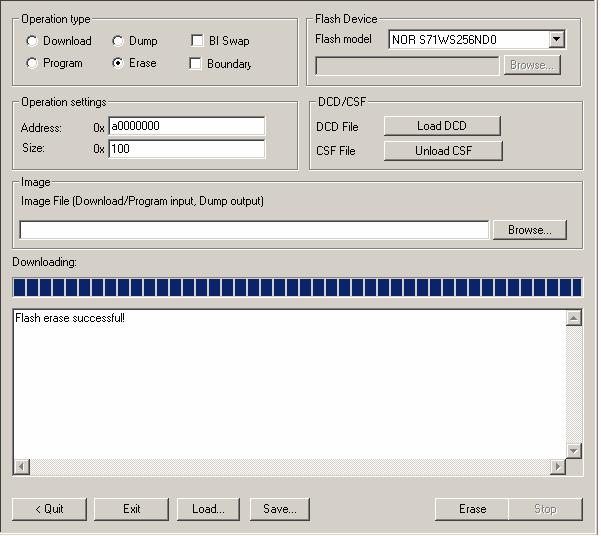 Figure 4-6 displays options for using the Flash Tool to erase 0x100 bytes from 0xa0000000 in NOR Flash.