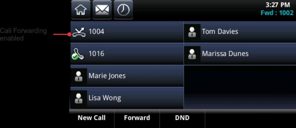 The forwarding icon is displayed in Lines view next to the phone line that has call-forwarding enabled, as shown next.