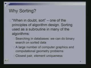 Data Structures and Algorithms Dr. Naveen Garg Department of Computer Science and Engineering Indian Institute of Technology, Delhi Lecture # 22 Why Sorting?