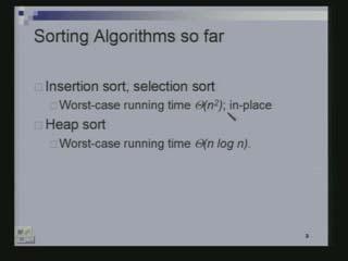 (Refer Slide Time: 3.32) So far we have seen insertion sort and selection sort. These are two sorting algorithm with the worst case running time of n 2. There are two algorithms.
