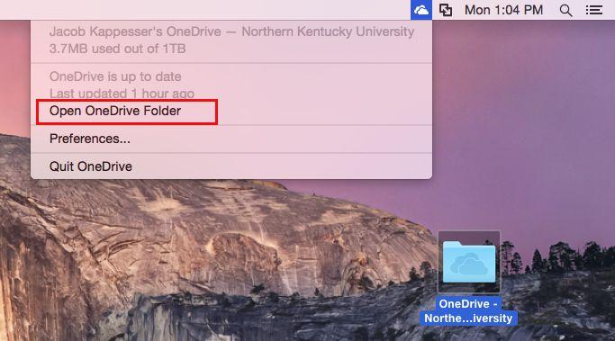 STEP 9 Your OneDrive Storage File should now be installed. On the Menu Bar, in the Status section (right hand corner) you should see a OneDrive Icon next to the time.