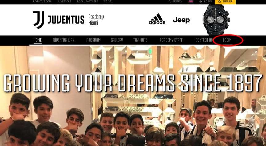 STEP 1: Go to the Juventus Academy Miami website at: www.jacademymiami.com and click on the LOGIN tab as shown in the picture below.