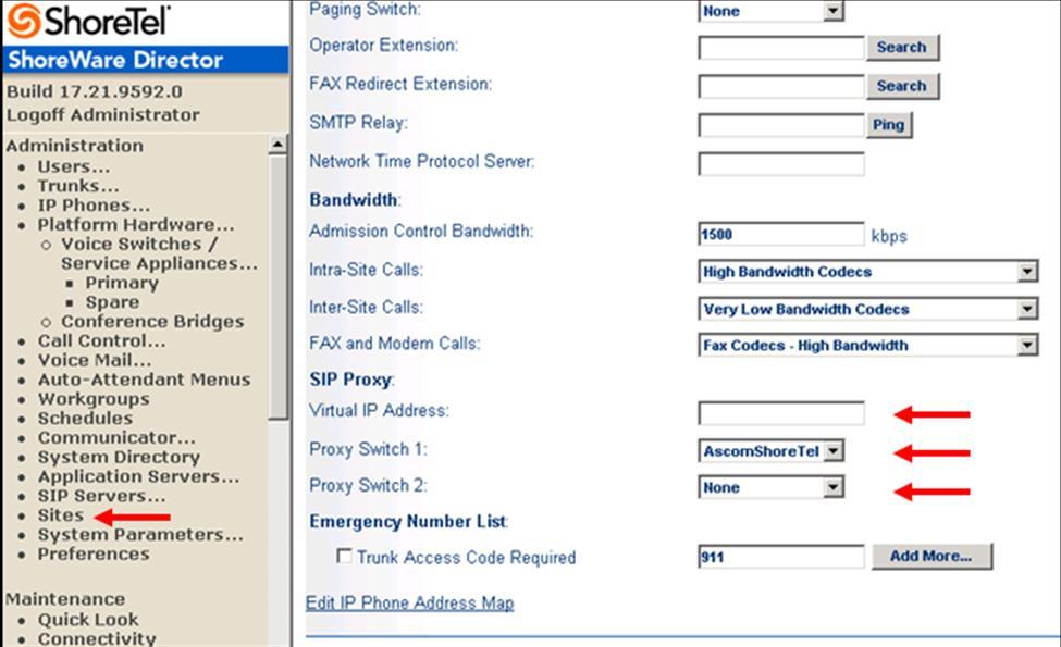This selection brings up the Sites screen. Within the Sites screen, select the name of the site to configure. The Edit Site screen will then appear. Scroll down to the SIP Proxy parameters (Figure 8).
