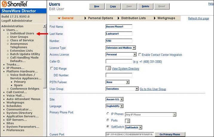 Figure 10 Adding/Editing Users Define the First Name and Last Name as you deem appropriate. ShoreWare Director will autoassign the next available Number (i.e. extension), but you can modify it to any available extension.