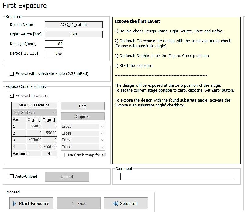 Activate the Expose with substrate angle checkbox if you wish to expose with the rotation angle of the substrate on the chuck. It is possible to expose crosses on the layer.