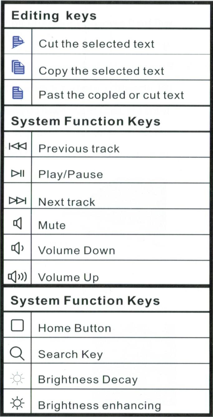SPECIAL KEYS The keys in the top row are for special functions. According to their symbols they can control program functions like media playback and screen brightness.