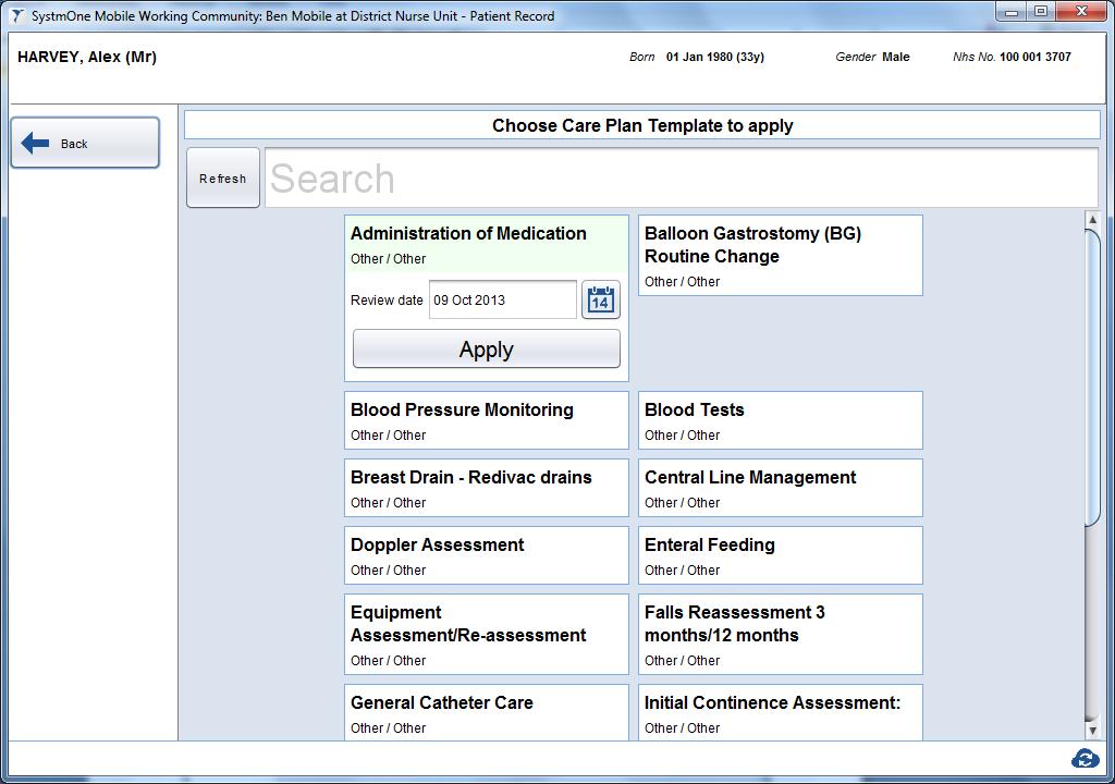 All care plan templates available at your organisation will be displayed.