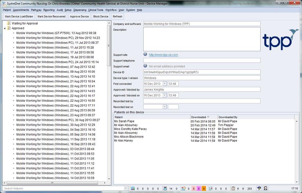 Figure 56: Device Manager Screen Audits An audit of staff activity on Mobile Working devices is maintained within SystmOne.