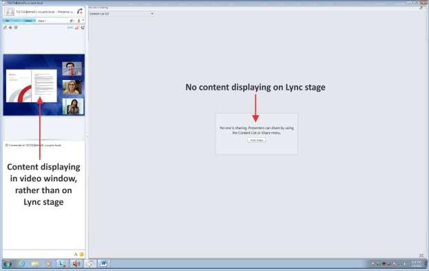 The figure below shows a video endpoint that receives content from RealPresence Collaboration Server (RMX) sharing content with a Lync endpoint.