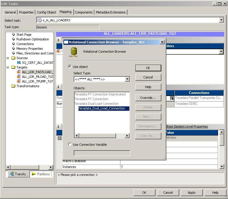 4. From the Connections settings on the Targets node of the Mapping tab, configure the Teradata PT API target