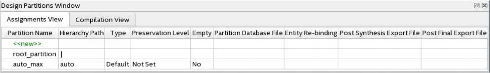 qsf: set_instance_assignment -name PARTITION <name> \ -to <partition hierarchical path> 3. To view and edit all design partitions in the project, click Assignments Design Partitions Window. Figure 8.