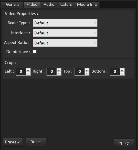 INTERFACE TRIMMER Video Settings 1 2 3 4 1- Scale types 2- Interlace settings 3- Aspect Ratio